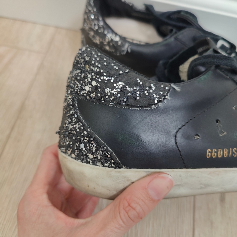 Golden Goose Superstar Sneakers Women 39 9 Black Leather Glitter Star Distressed - Picture 3 of 12